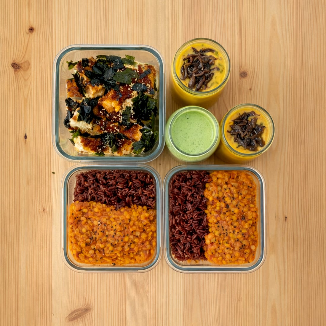Meal-Prep-Boxen mit Reis, Linsen und Gemüse auf Holztisch
